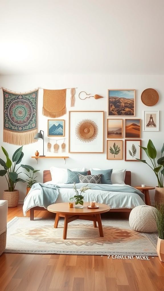 A bohemian living room featuring artistic wall decor with tapestries, framed pictures, and plants.