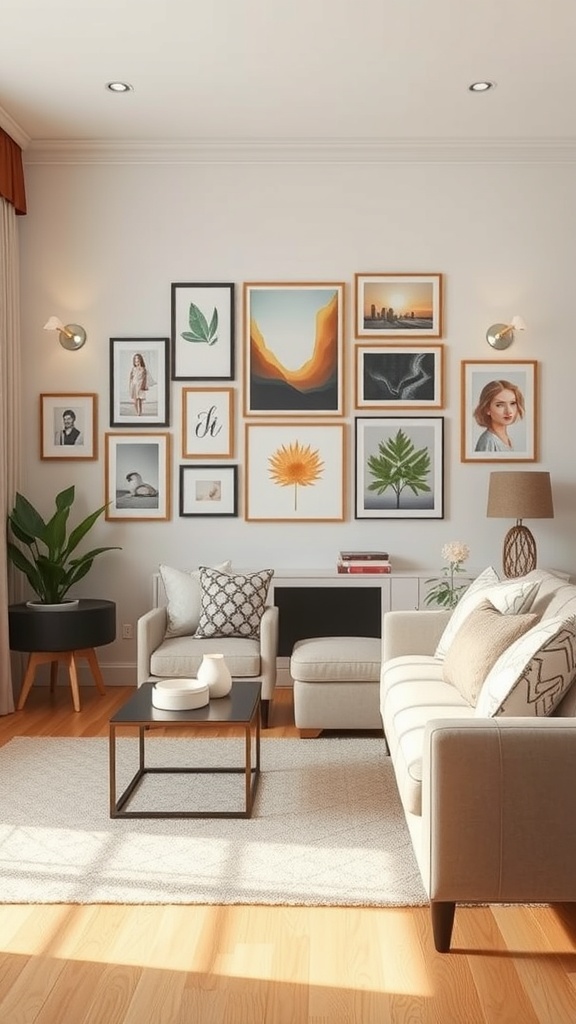 A cozy living room with a gallery wall featuring various framed artworks, a comfortable sofa, and a plant.