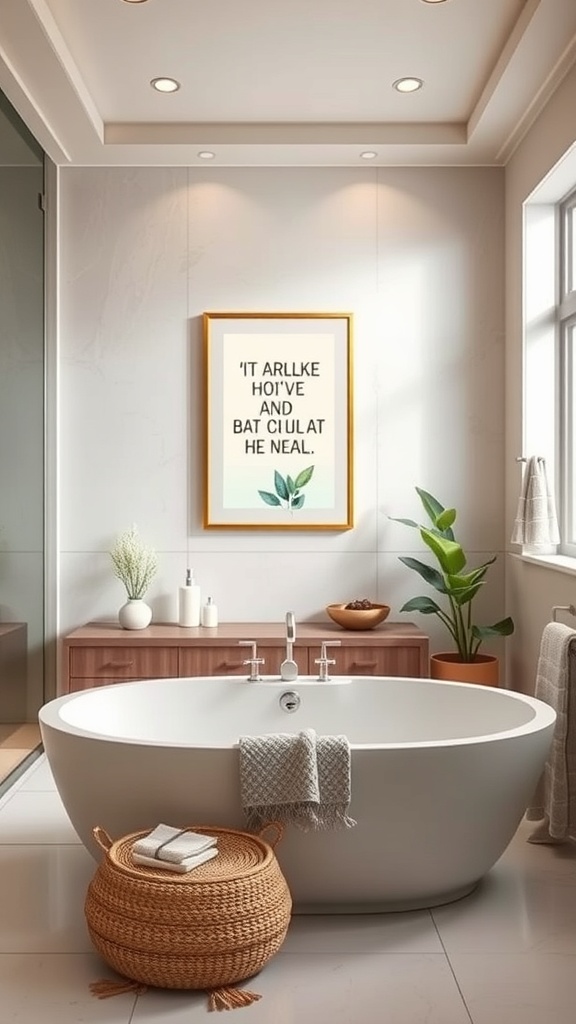 A modern spa bathroom featuring a freestanding bathtub, artistic wall decor, and plants.