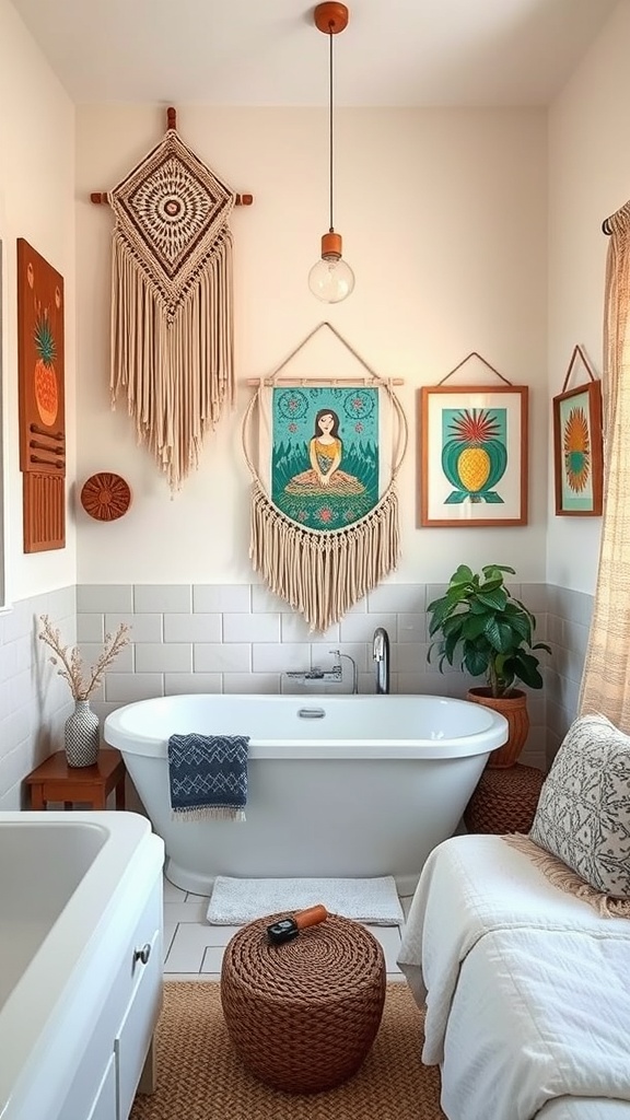 A bohemian bathroom featuring artistic wall decor, including macramé and colorful framed artwork.