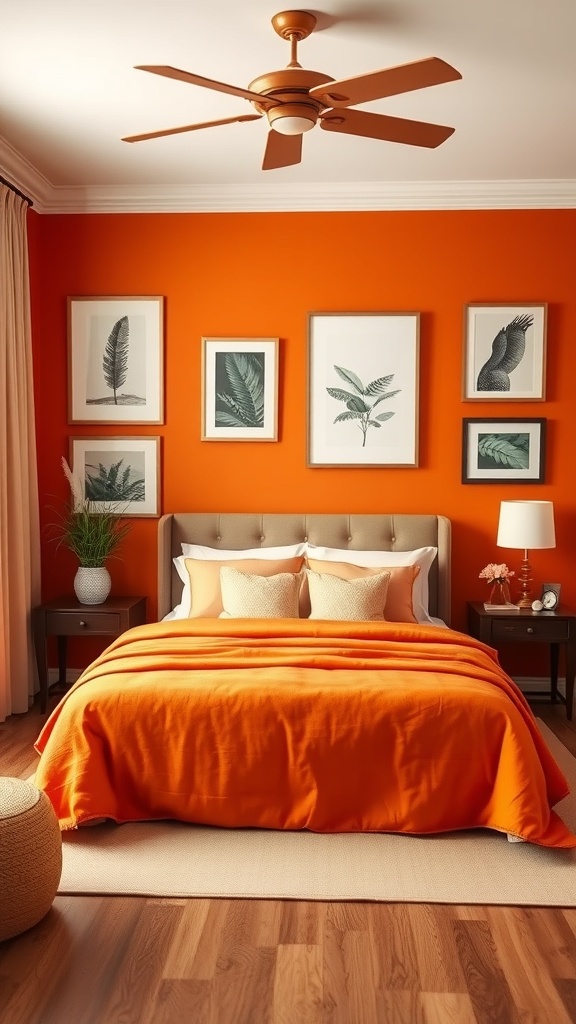 A cozy burnt orange bedroom featuring framed botanical prints on the wall, a plush orange bedspread, and warm wooden flooring.