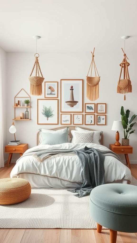 A Scandinavian boho bedroom featuring artistic wall decor with framed art and hanging planters.