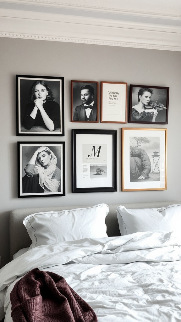 Artistic wall decor featuring black and white portraits and prints in a stylish bedroom