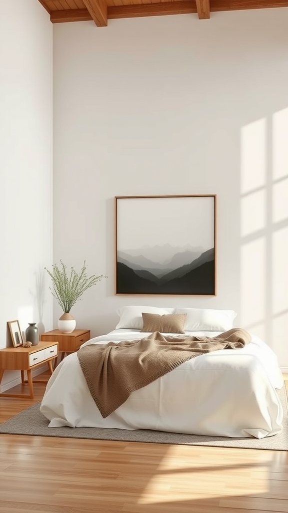 A zen bedroom featuring a mountain landscape painting on the wall, a cozy bed with a blanket, and wooden furniture.