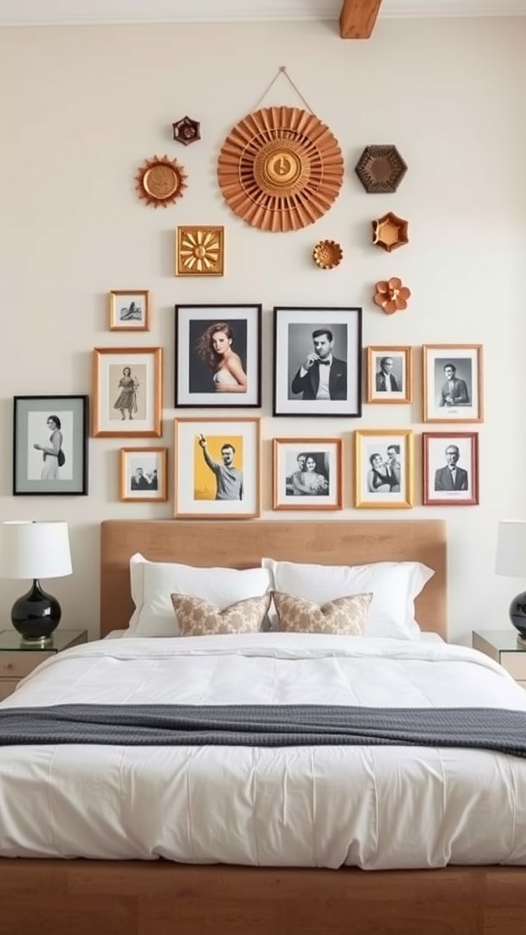 A cozy modern guest bedroom featuring an artistic wall decor arrangement with framed photos and decorative pieces.