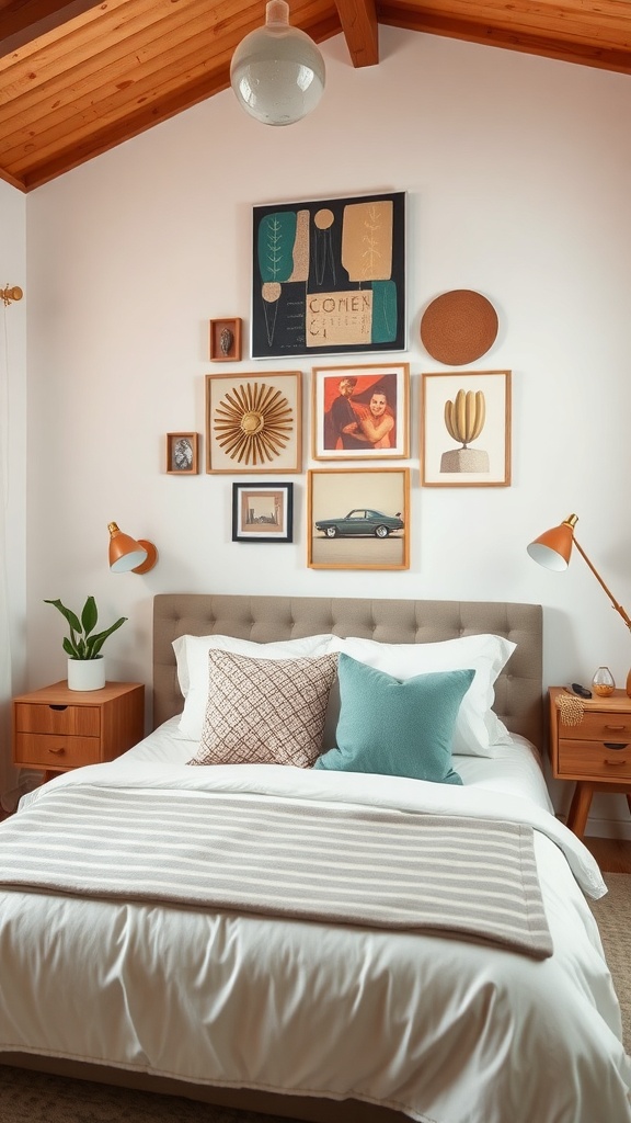 Mid-century modern bedroom with artistic wall decor featuring a gallery wall of vintage art pieces.