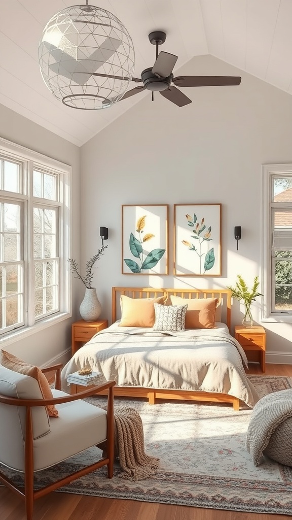 A sunroom featuring nature-themed wall decor with botanical prints, warm wood furniture, and cozy textiles.