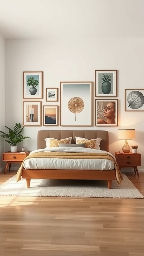 Mid-century modern bedroom with artistic wall displays featuring framed artwork and a plant.