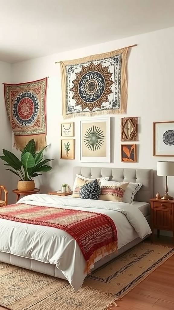 Scandinavian boho bedroom with artistic wall hangings and plants
