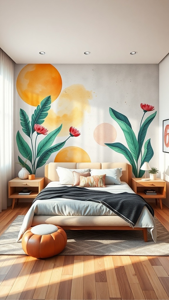 A bedroom with a vibrant wall mural featuring flowers and abstract shapes, complemented by modern furniture.
