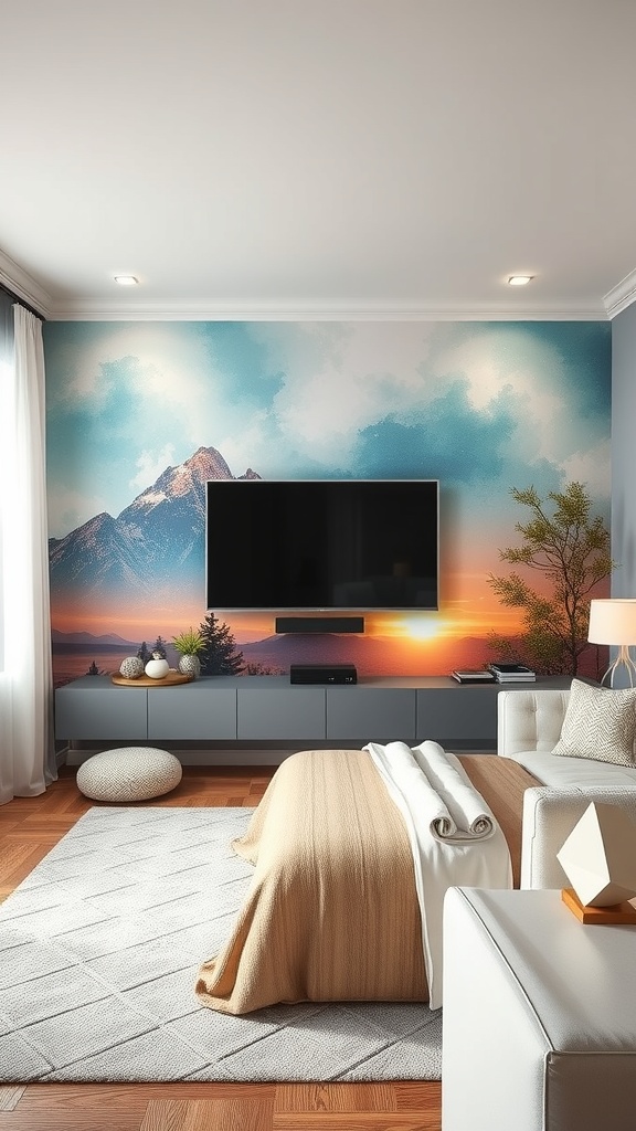A living room featuring a mountain landscape mural behind a TV, with cozy furniture and warm colors.
