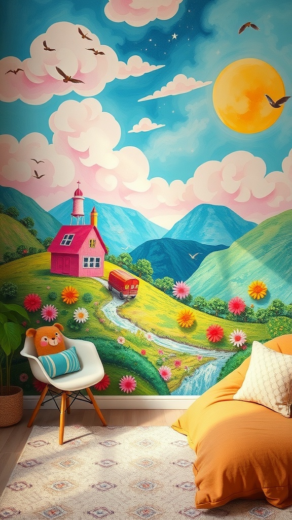 A colorful wall mural featuring a pink house, mountains, flowers, and a bright sun, creating a cheerful atmosphere.