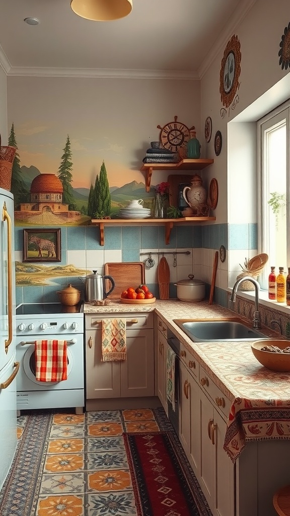 A cozy kitchen with an artistic wall mural depicting a serene landscape.
