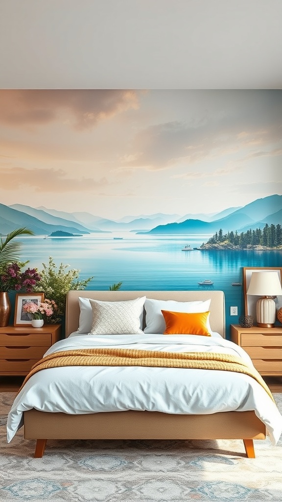 A bedroom featuring a mural of a serene lake and mountains, with cozy decor elements.