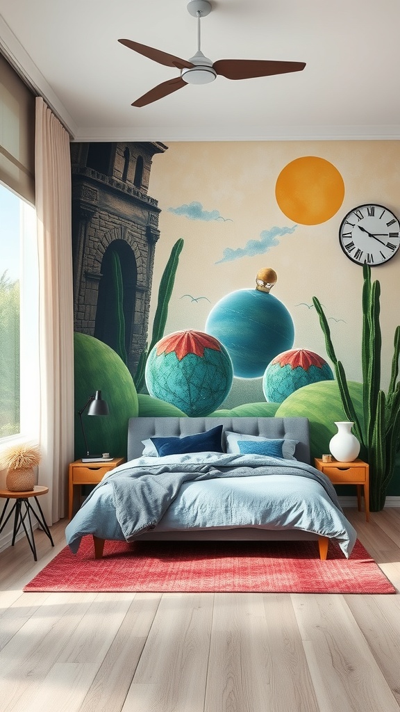 A colorful wall mural featuring large spheres, a bright sun, and cacti in a stylish bedroom.