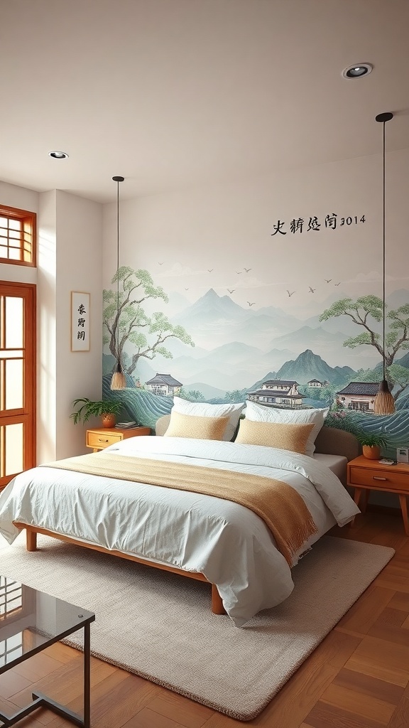 A cozy bedroom featuring a wall mural of mountains and houses, with a warm color palette and modern furniture.
