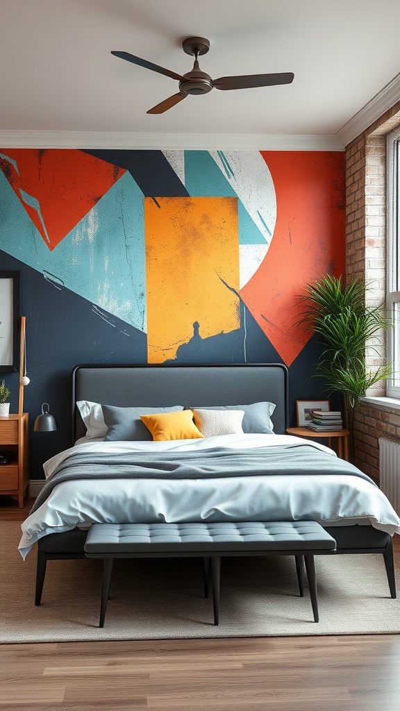 A modern industrial bedroom featuring a colorful geometric wall mural, a stylish bed, and a plant.