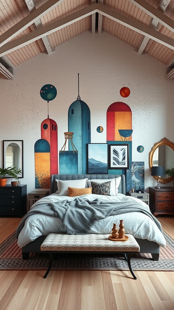 A loft-style bedroom featuring a colorful mural on the wall, with a cozy bed and stylish decor.
