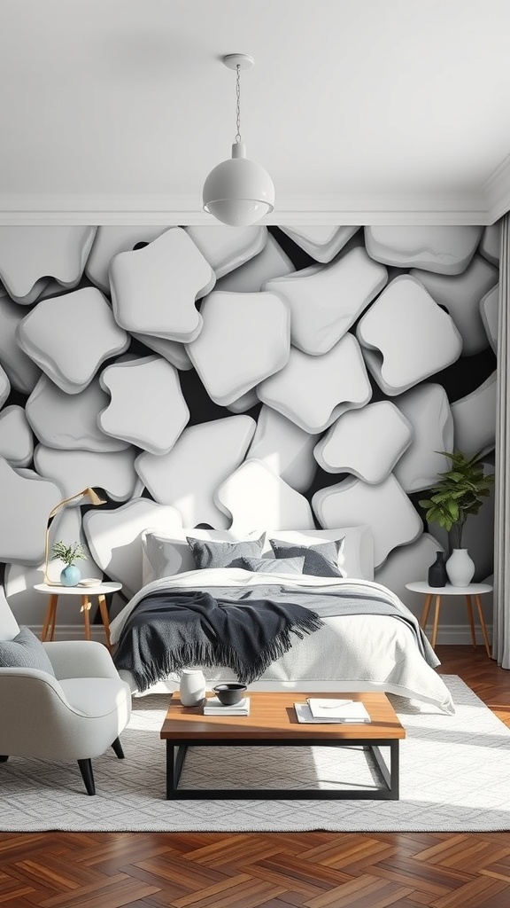 A modern living room featuring a black and white abstract wall mural with textured shapes.