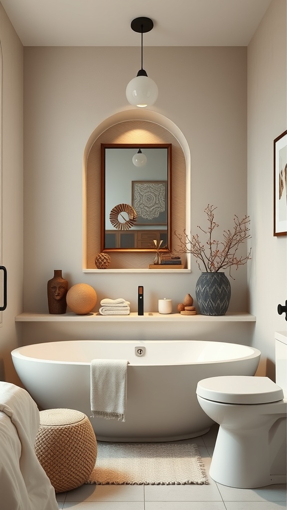 A stylish bathroom with a wall niche displaying decorative items, including a vase and a candle, alongside a modern bathtub.