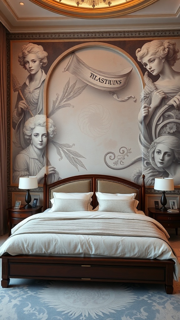 Luxurious bedroom featuring artistic wall treatments with classical figure illustrations.