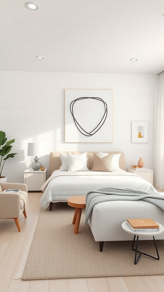 A minimalist white living room featuring artistic wall treatments, with abstract art above the bed and a cozy seating area.