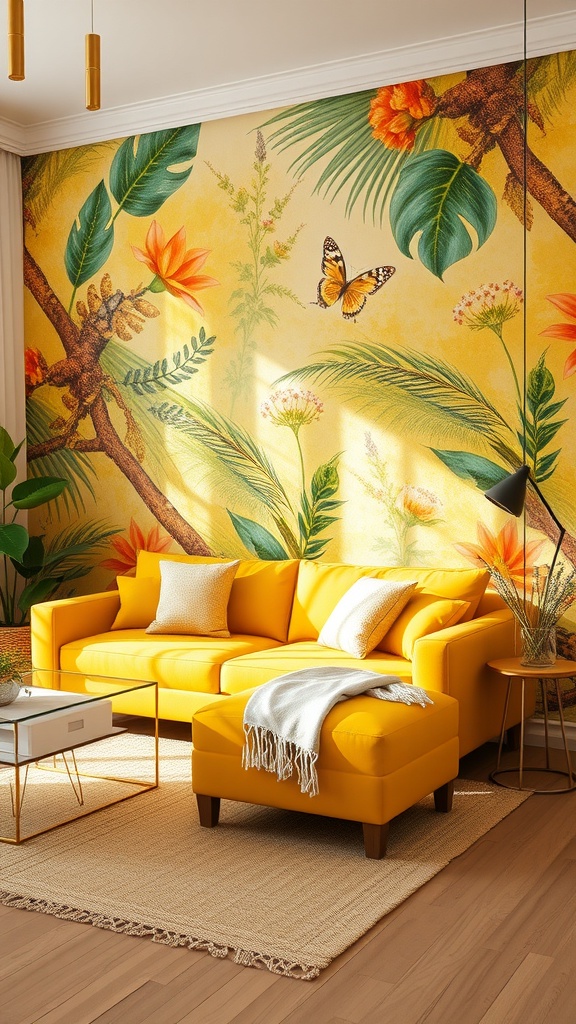 A bright living room featuring a yellow couch and a vibrant tropical mural on the wall.