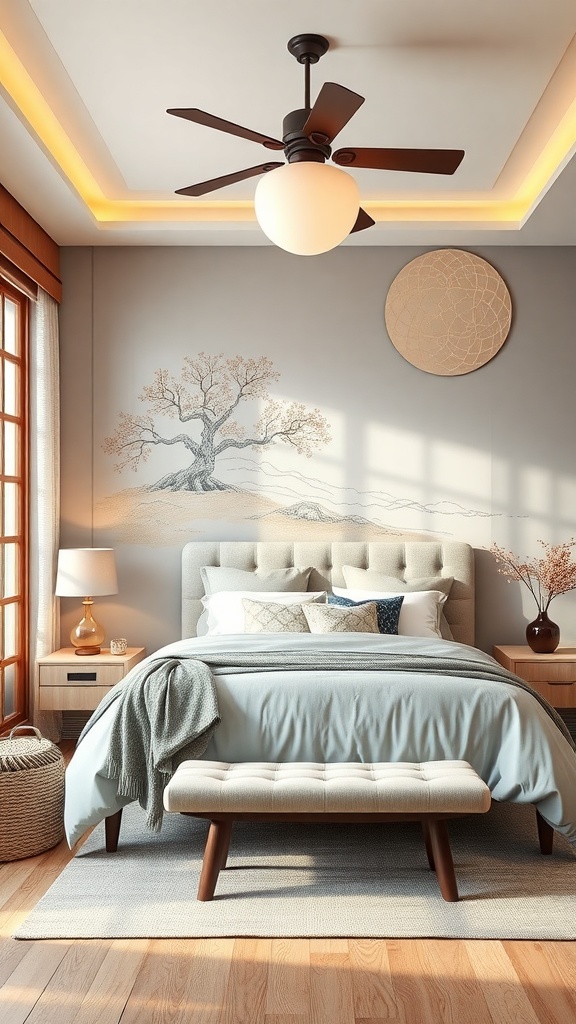 A serene Japandi bedroom featuring a painted wall with a tree design, soft color palette, and natural materials.