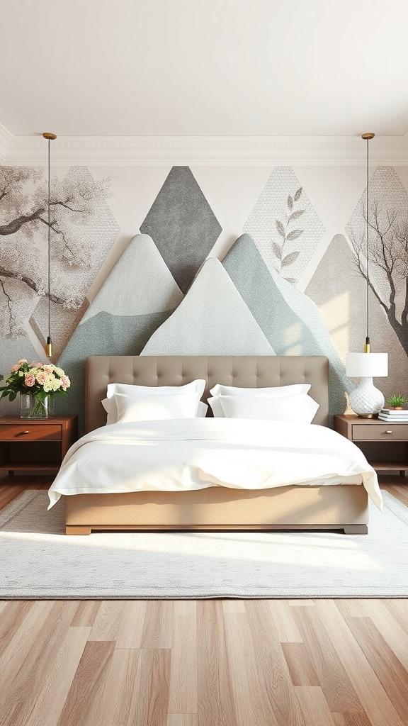 A luxurious master bedroom featuring artistic wall treatments with mountain designs in soft colors.