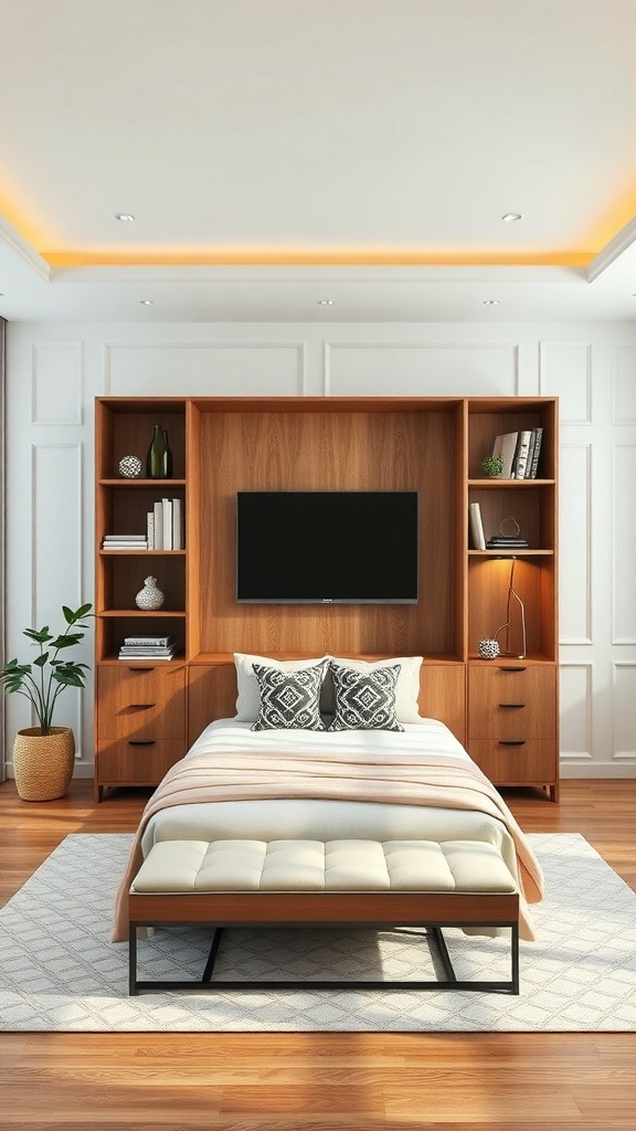 A stylish wooden wall unit with a television, books, and decorative items in a modern living room.