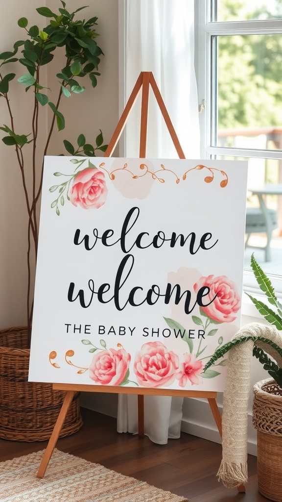 Baby shower welcome sign with watercolor flowers and elegant script