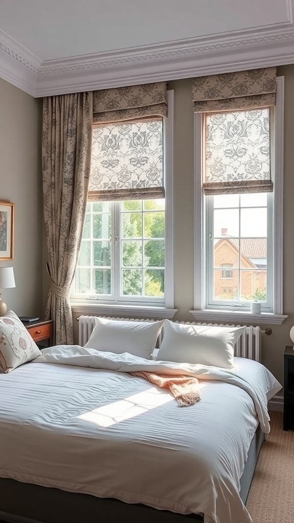 A cozy bedroom featuring elegant window treatments with floral patterns