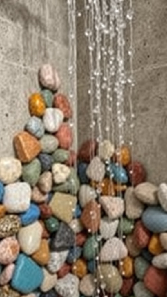 Colorful stones stacked in a shower with beads hanging above.