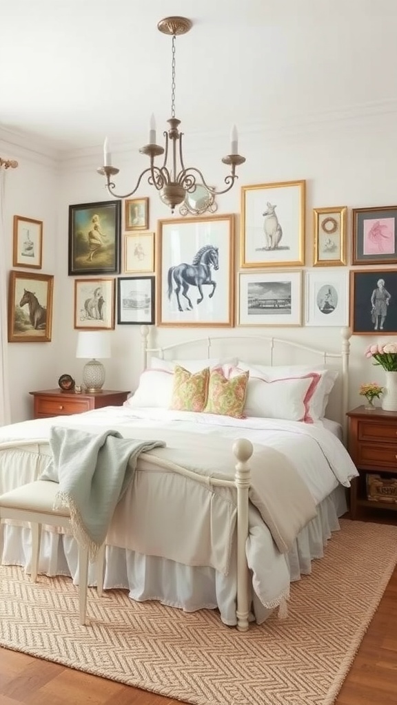 A cozy French country bedroom featuring a gallery wall of artwork, a chandelier, and a neatly made bed.