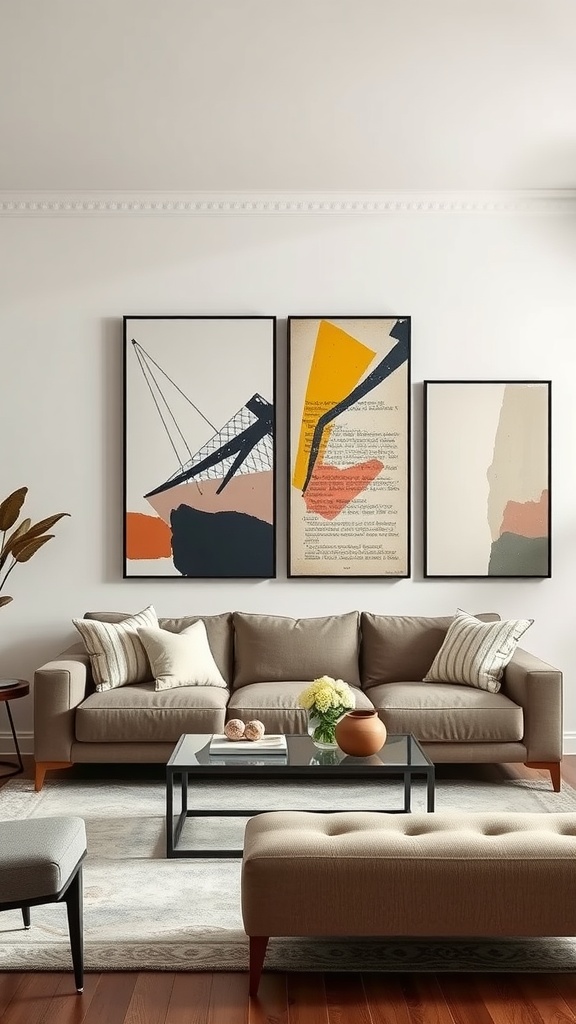 A stylish living room with abstract artwork displayed on the wall above a sofa, showcasing art as a room divider.