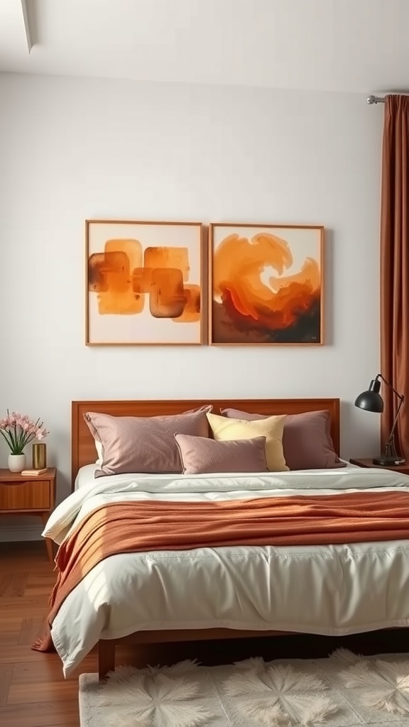 A cozy bedroom featuring burnt orange accents, with two pieces of abstract artwork on the wall.