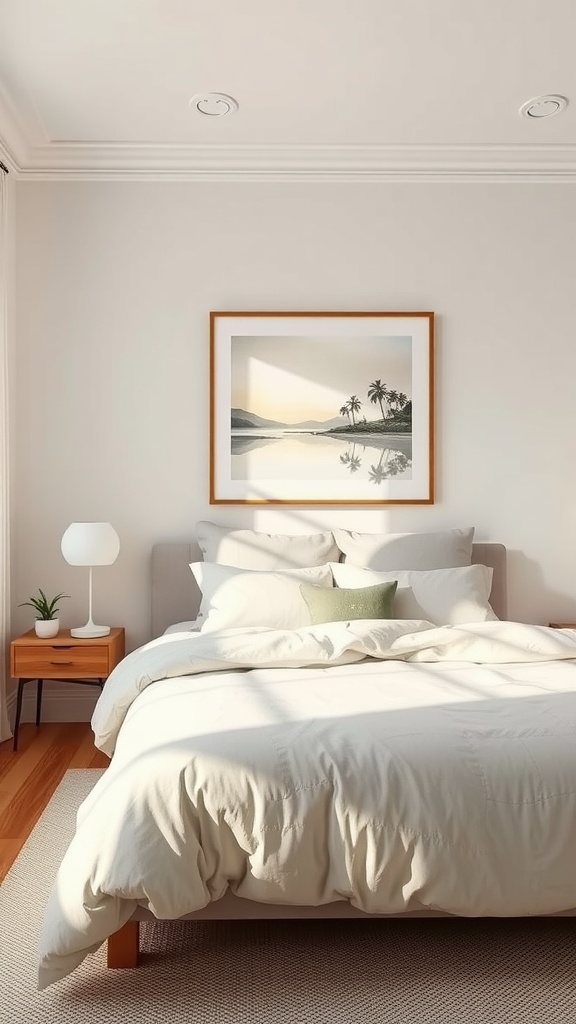 A clean and serene bedroom featuring a landscape painting, a cozy bed, and minimal decor.