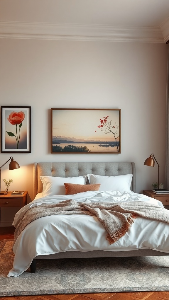 A cozy bedroom featuring floral and landscape artwork on the walls, creating a romantic atmosphere.