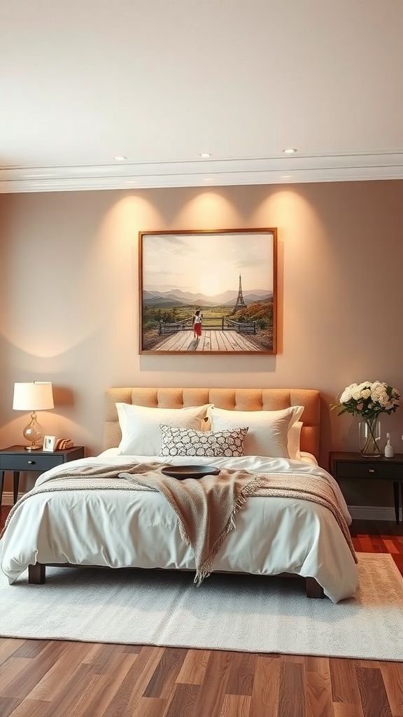 Cozy bedroom with a romantic painting of a couple at sunset near the Eiffel Tower.