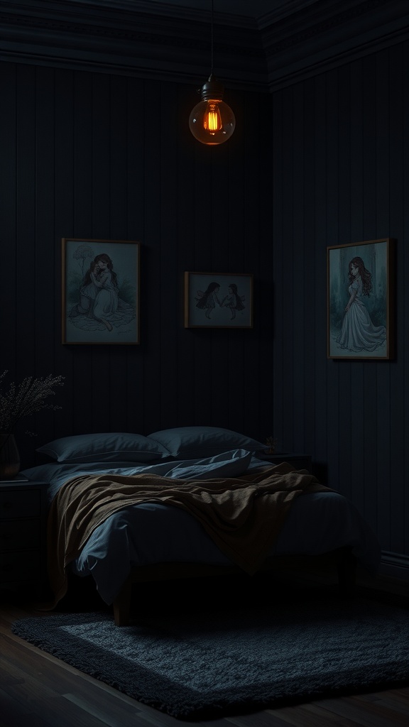 A cozy dark bedroom with a warm light and romantic artwork on the walls.