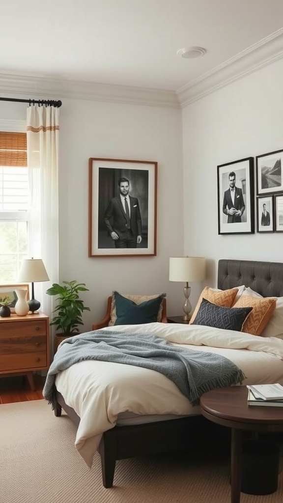 A masculine small bedroom featuring stylish artwork, a cozy bed, and a plant.