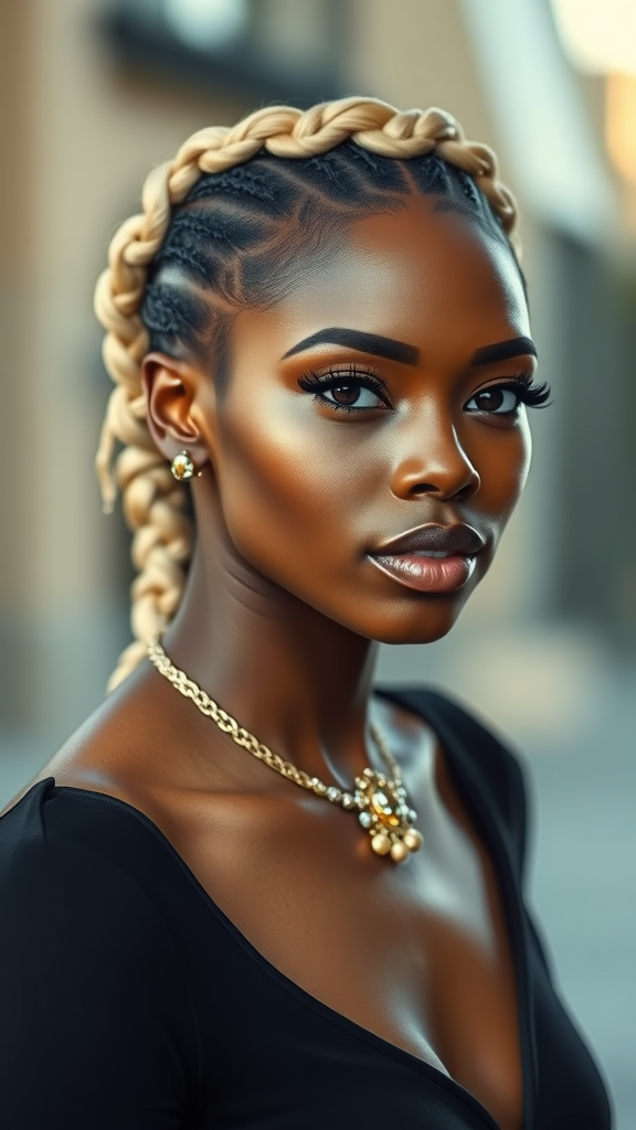 A woman with an ash blonde braided crown hairstyle, wearing elegant jewelry and a black top.