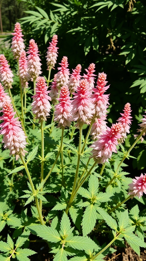 Pink and white Astilbe flowers in a garden setting.
