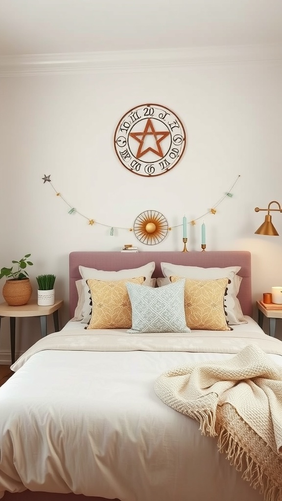 A cozy bedroom featuring astrological decor with a star-themed wall art, decorative pillows, and candles.