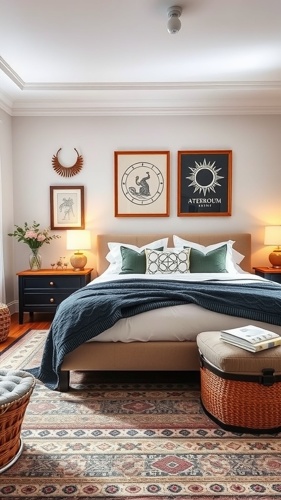 A cozy bedroom featuring astrological-themed decor with celestial artwork, a knitted throw, and a patterned rug.