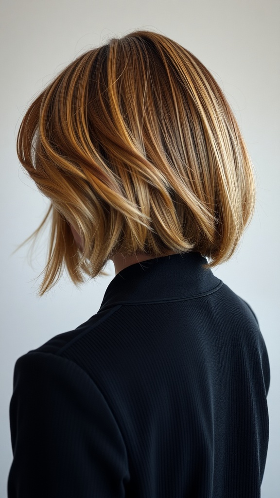 Back view of a stylish asymmetrical bob hairstyle with soft waves and blonde highlights.
