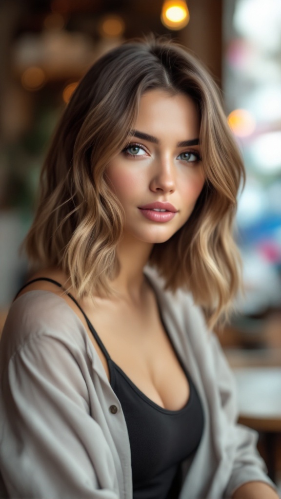 A woman with an asymmetrical bob hairstyle, featuring warm waves and a stylish appearance.