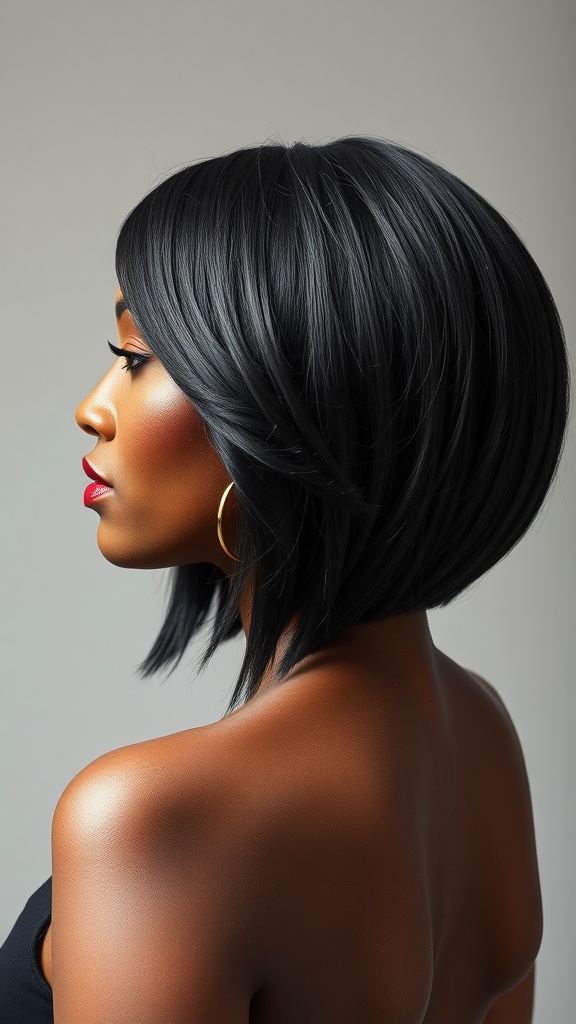 Asymmetrical bob weave hairstyle on a woman with a sleek, straight look