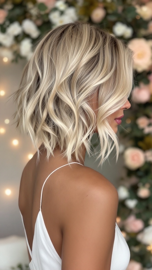 A stylish asymmetrical bob hairstyle with highlights, featuring soft waves and a relaxed vibe.