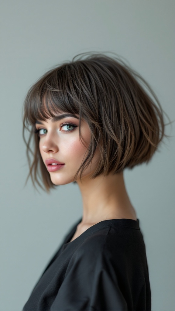 A woman with an asymmetrical bob hairstyle featuring an undercut, showcasing a modern and stylish look.